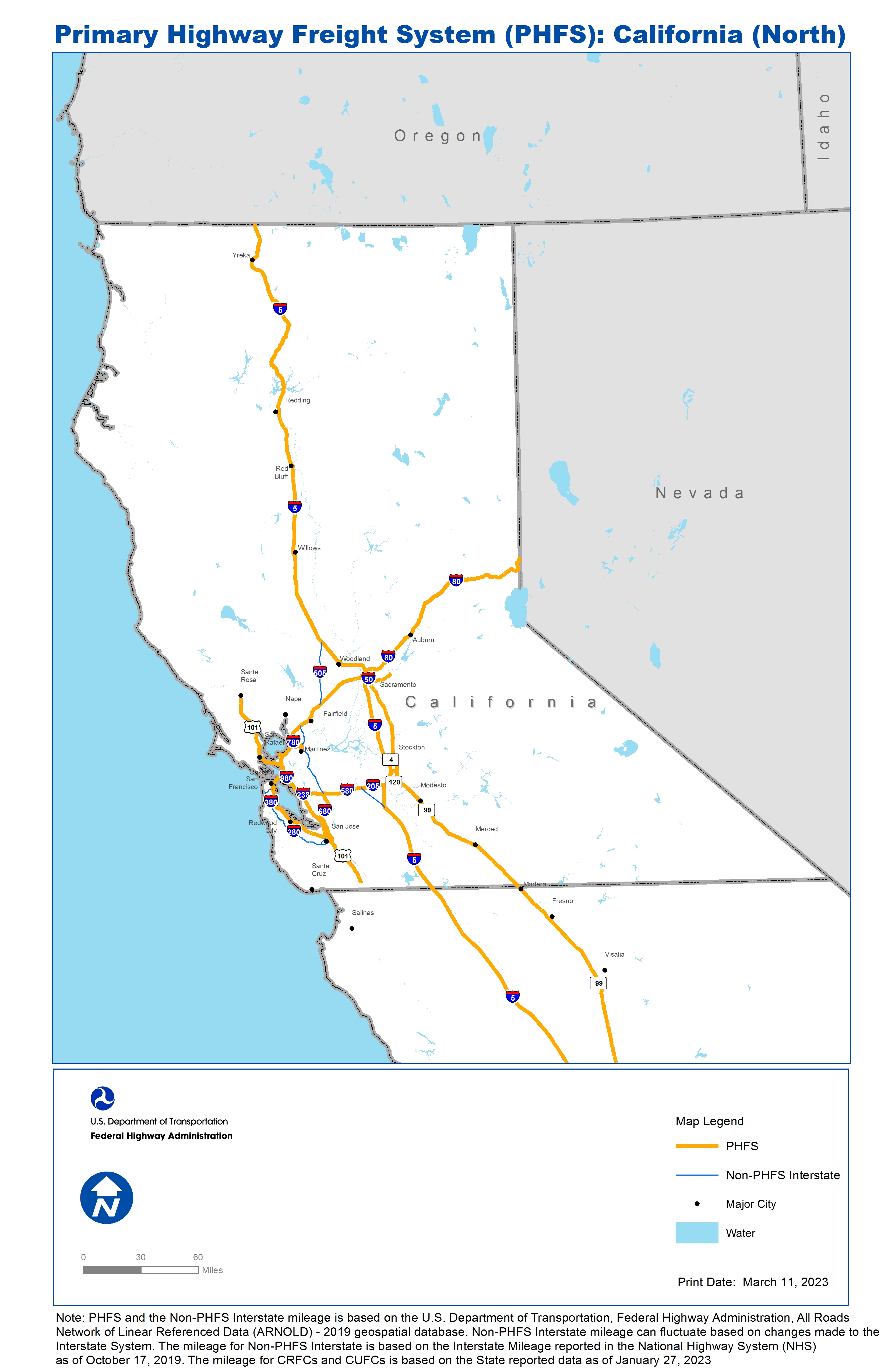 This map of northern California's National Highway Freight Network includes the Primary Highway Freight System and all the Interstates running through the state that are not part of the Primary Highway Freight System.