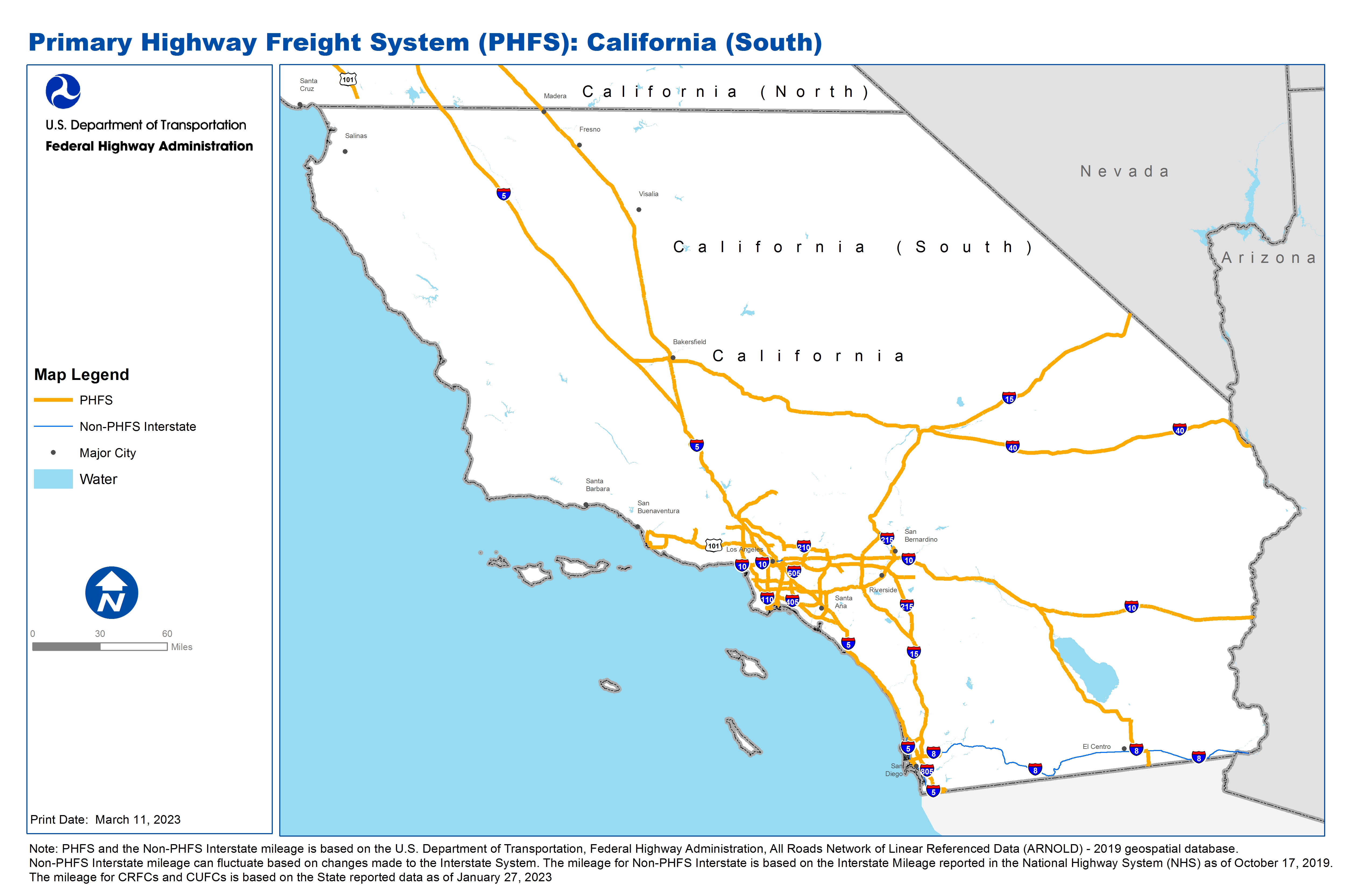 This map of southern California's National Highway Freight Network includes the Primary Highway Freight System and all the Interstates running through the state that are not part of the Primary Highway Freight System.