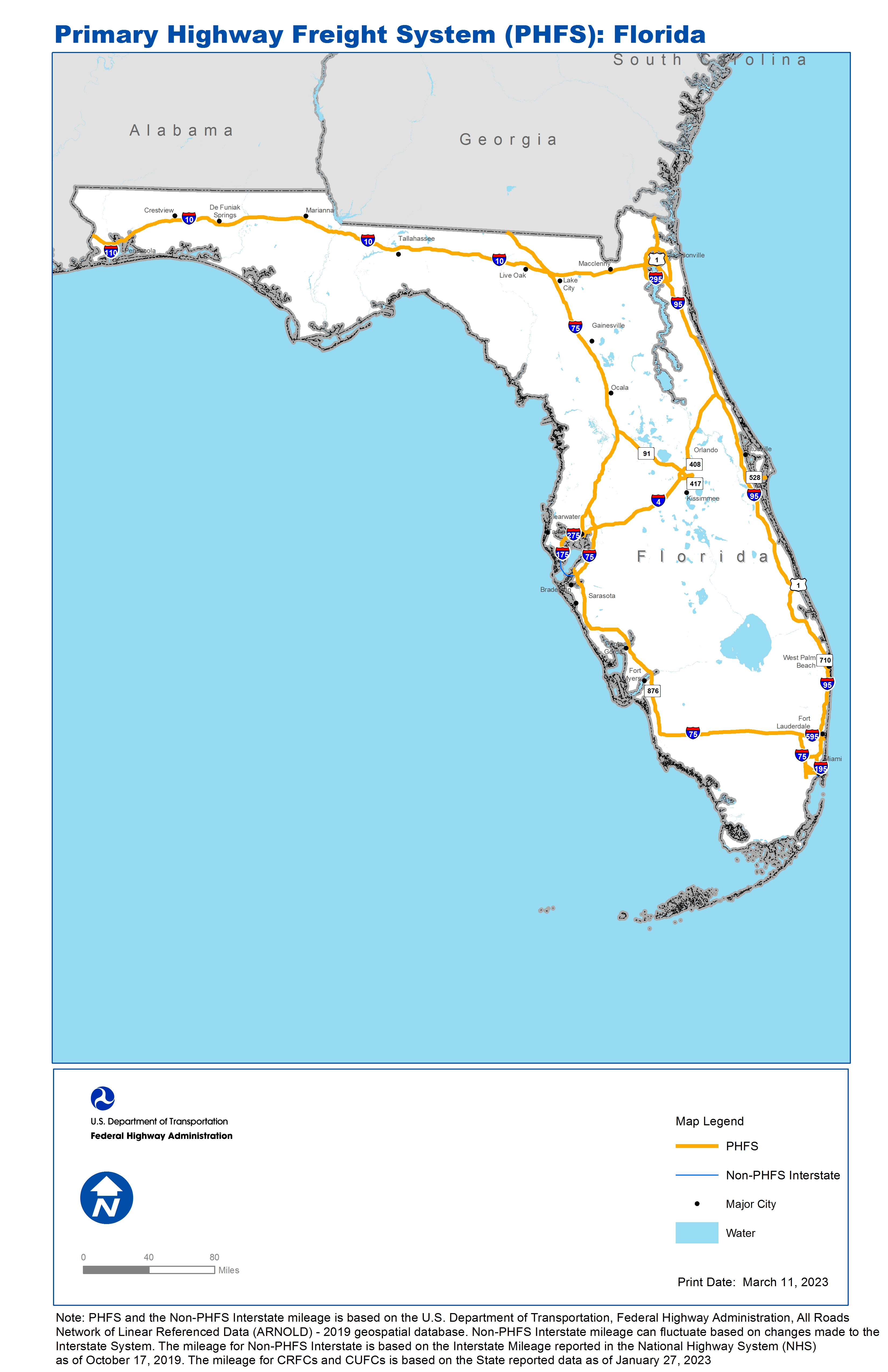 National Highway Freight Network Map And Tables For Florida Fhwa Freight Management And Operations