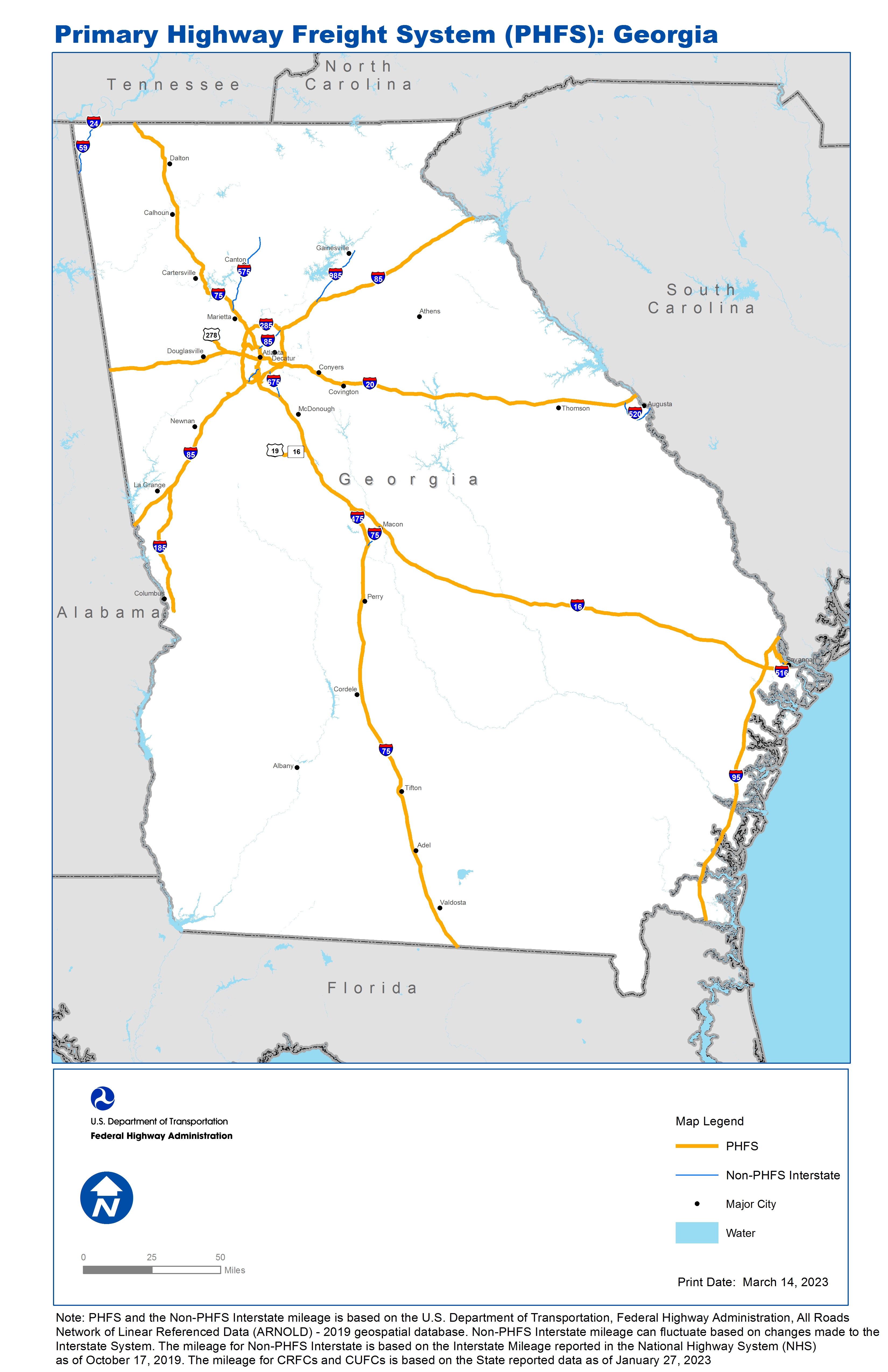 National Highway Freight Network Map And Tables For Georgia Fhwa Freight Management And Operations