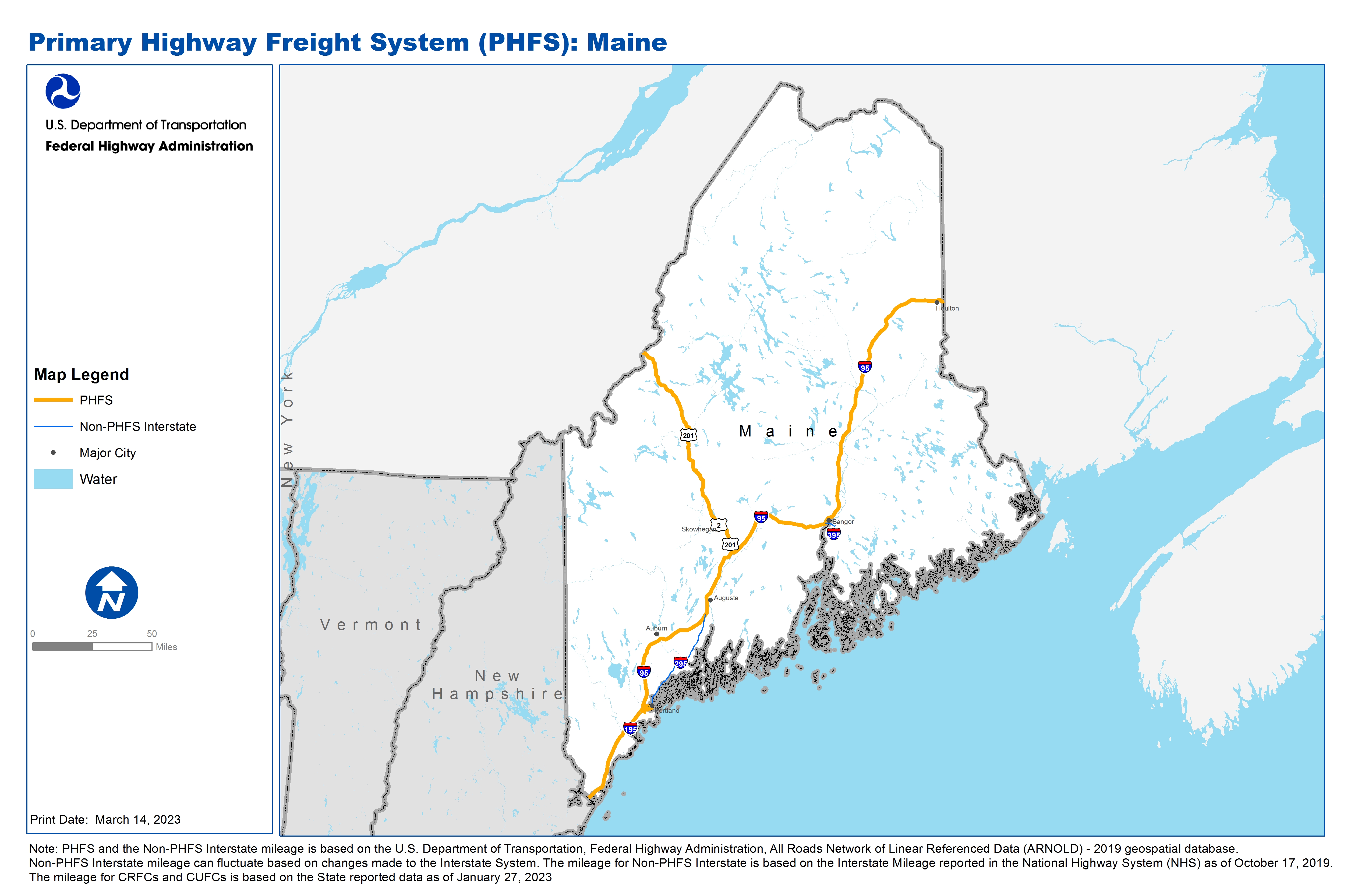 This map shows the Primary Highway Freight System (PHFS) routes as well as all the Interstate Highways within the state that are not part of the PHFS, as designated on 12/22/2022.