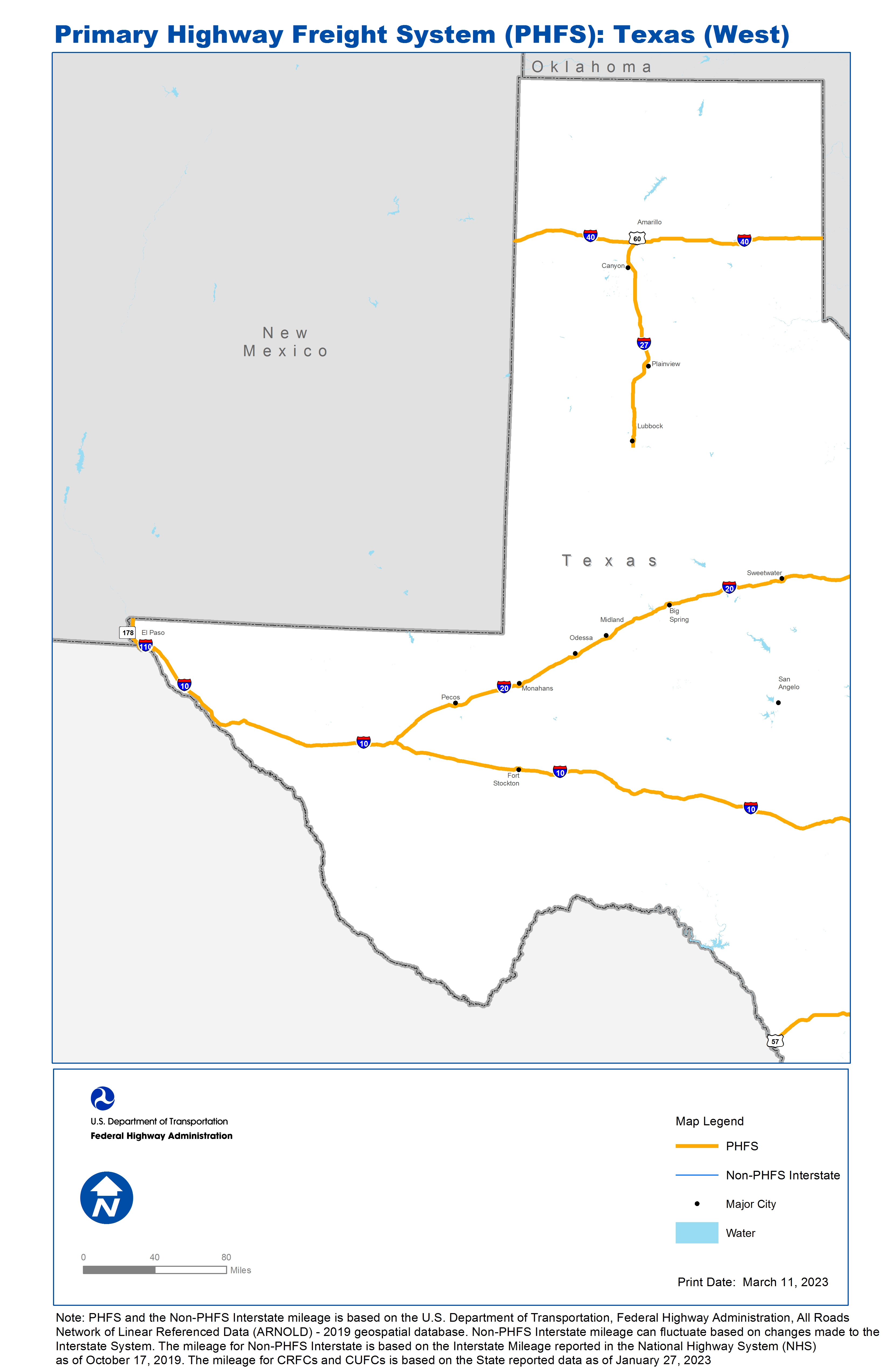 This map shows the Primary Highway Freight System (PHFS) routes of West Texas
