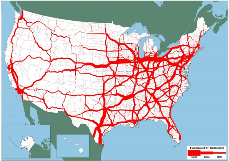 This exhibit is an outline map of the 48 contiguous States and insets for Alaska and Hawaii show the projected Interstate and nonInterstate routes for freight on the National Highway System in 2045.