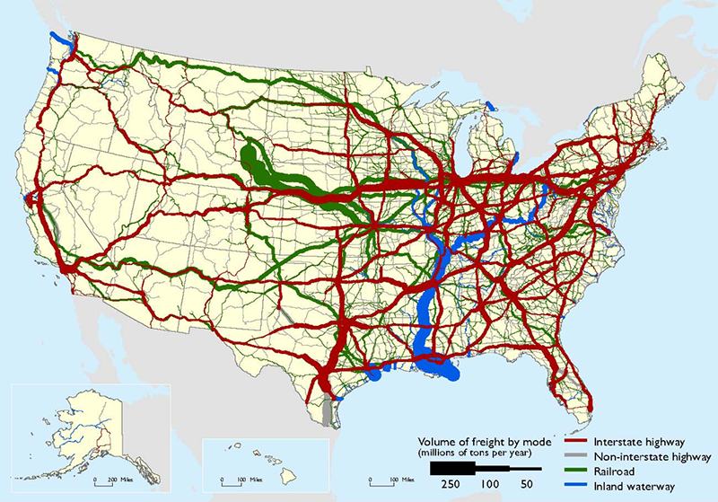 Exhibit 11-3. Tonnage on Highways, Railroads, and Waterways, 2013. An outline map of the 48 contiguous states and insets for Alaska, Hawaii, and Puerto Rico show freight flows by mode.
