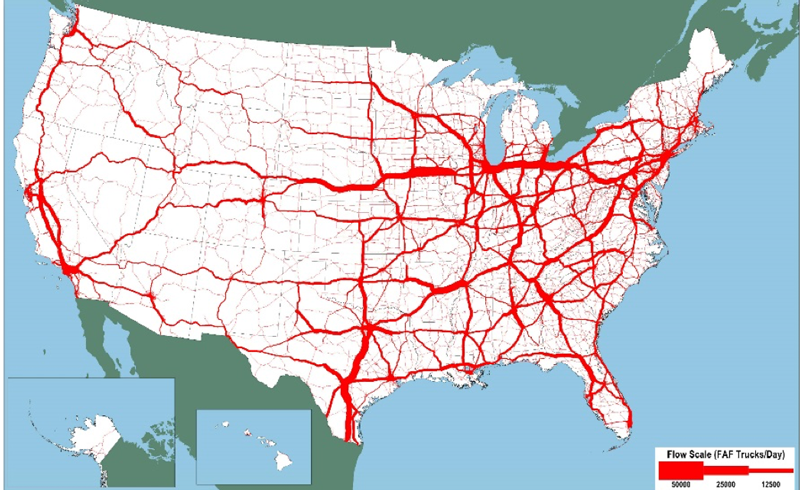 This outline map of the 48 contiguous States and insets for Alaska and Hawaii shows projected long haul truck flows per day on the National Highway Freight Network in 2045.