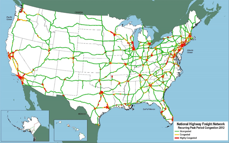 This outline map of the 48 contiguous States and insets for Alaska and Hawaii shows areas of recurring peak period congestion on the NHFN in 2012, organized by uncongested, congested, or highly congested.