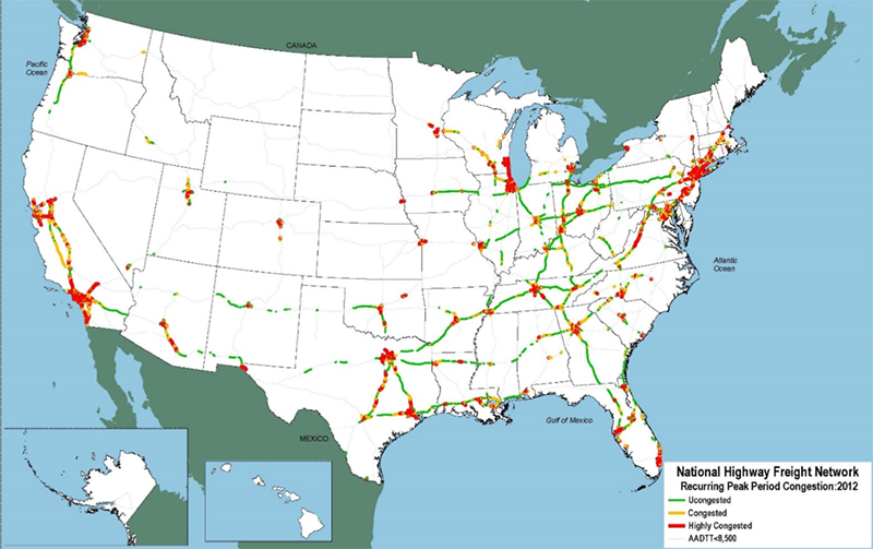 This outline map of the 48 contiguous states, and insets for Alaska and Hawaii, shows recurring peak period congestion.