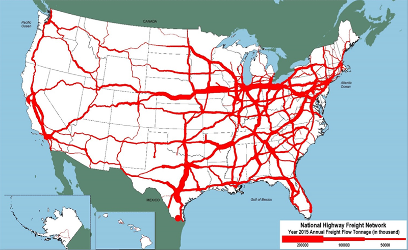This outline map of the 48 contiguous States and insets for Alaska and Hawaii showstonnage flows on the National Highway Freight Network. 