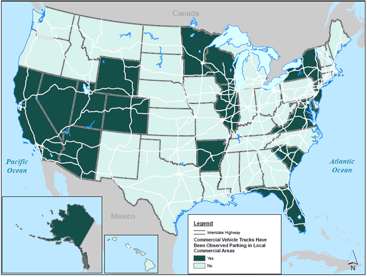 Map depicts the 18 States reporting shortages in commercial areas, including a half dozen states in the west, half a dozen states on the Atlantic seaboard, four states in the central region, and Alaska.