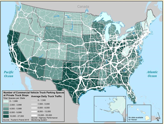 Map of the United States presents a summary of spaces at private truck stops on NHS roadways in each State. Louisiana, Indiana, South Carolina, and Ohio have the highest numbers of spaces while New Hampshire, Massachusetts, Vermont, and Rhode Island have the fewest spaces at private truck stops. Source: 2015 Truckers Friend and Highway Performance Monitoring System.