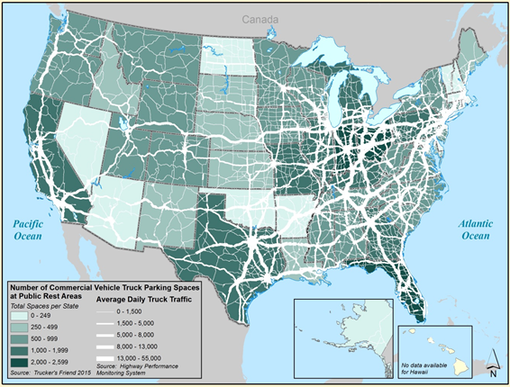 Map of the United States presents a summary of number of public truck parking spaces by State. States with the highest number of public spaces are Florida, Indiana, and Ohio. Source: 2015 Truckers Friend and Highway Performance Monitoring System.