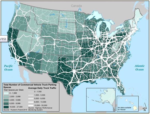 Map of the United States presents the number of total commercial vehicle parking spaces on NHS roadways by State. The States with the greatest number of spaces include California, Texas, Louisiana, Indiana, Ohio, Connecticut and West Virginia. Arkansas, Oklahoma, and Rhode Island have the lowest numbers of spaces. Source: 2015 Truckers Friend and Highway Performance Monitoring System.