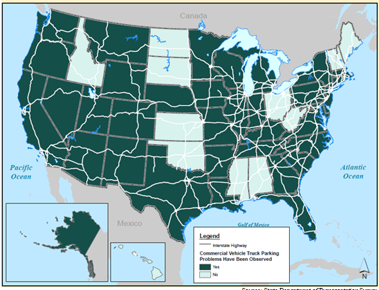 Map shows states that have and have not reported truck parking problems. The 12 States reporting no problems include Alabama, Mississippi, Oklahoma, Kansas, Maine, New Hampshire, Rhode Island, North Dakota, South Dakota, Idaho, Hawaii, and Ohio.
