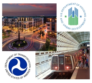 Two photos, one of a subway car at an underground station, the other an aerial time-lapse photo of a landscaped roundabout in a redeveloped downtown area featuring well-lit shops, buildings, and parking and. Photo also incorporates the logos for the US Department of Transportation and the Department of Housing and Urban Development.
