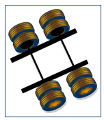 Illustration depicts two consecutive axles, each with two wheels on either end. The axles are connected by two bars perpendicular to the axles, positioned just inside the wheels.
