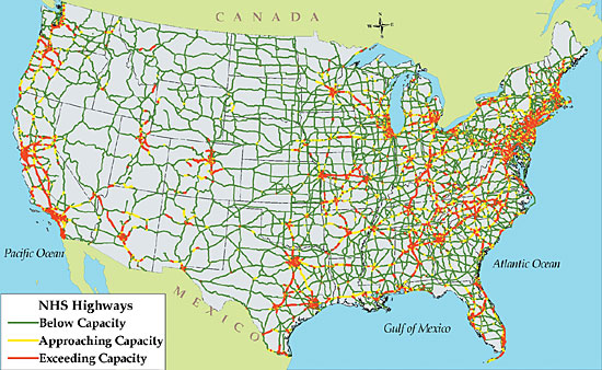 Figure 10. National Highway System Estimated Peak Period Congestion: 2020. Map of the U.S. National Highway System in 2020. Growth in traffic will result in additional congestion on the nation's highways. In 2020, most of the nation's urban roads will either approach or exceed capacity, and rural Interstate segments that link major urban markets will also experience higher vehicle volumes.