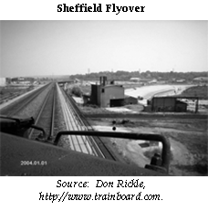 Picture of Sheffield Flyover from driver's cabin.  Picture provided by Don Rickle, available at http://www.trainboard.com.