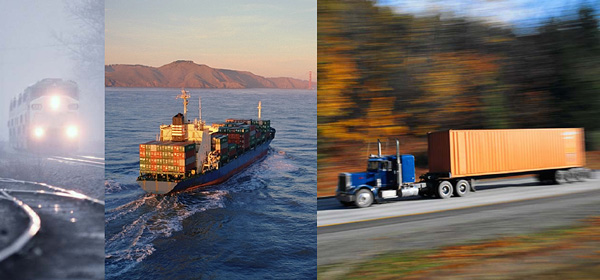 photos of freight train, cargo ship, and truck