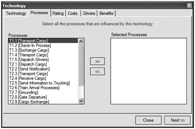 Screen shot of the Processes tab of the Technology window showing the instruction to select all the processes that are influenced by this technology and showing fields for technology name, class, and definition