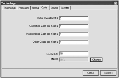 Screen shot of the Costs tab of the Technology window showing fields for initial investment dollars, operating cost per year, maintenance cost per year, other costs per year, useful life, and MARR