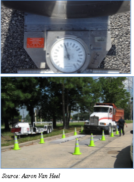 Photo of a portable scale in use under the tire of a truck (top). Photo of an area set up for use of portable scales. Neon green cones line the area designated for the truck to enter (bottom). Source: Aaron Van Heel.