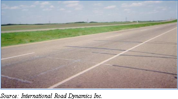 Photograph of an area of road that has piezoelectric sensors installed. Patching is visible where the cuts for installation were made. Source: International Road Dynamics Inc.