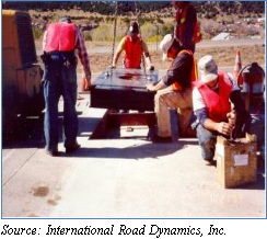 Photograph of equipment and working crew lowering a single load cell WIM into the pit created in the road. Source: International Road Dynamics, Inc.