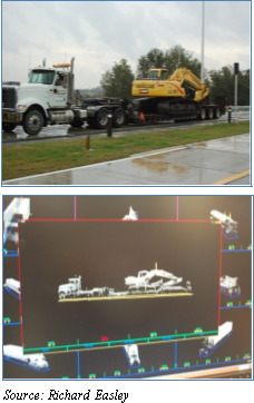 Tractor trailer hauling a large machine in line for a weight check using closed circuit television system (top photo). Source: Richard Easley. Closed circuit television view of the semi hauling the large machine showing a large side view in the center surround by different by other of the truck. (bottom photo). Source: Richard Easley.