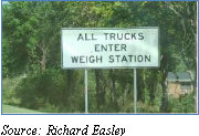Roadside sign requesting all trucks to enter weigh station at fixed weigh station site. Source: Richard Easley.