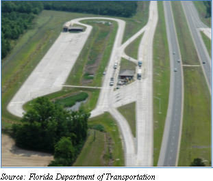 Aerial view of fixed weigh station along a Florida interstate. Source: Florida Department of Transportation.