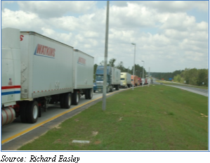 Trucks lined up to enter fixed weigh station. Source: Richard Easley.