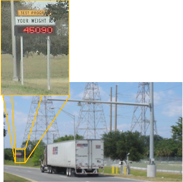 A close up picture of a dynamic message sign reporting weight to vehicles as they pass by and road view photo of semi-truck driving in the right lane approaching the WIM dynamic message sign to view weight of vehicle upon exiting the terminal.  Source: Dr. Amr Oloufa.
