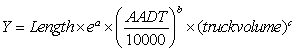 The equation for the second model: Y is equal to the product of length, e to the power a, one-ten-thousandth of AADT raised to the power of b, and truckvolume raised to the power c.
