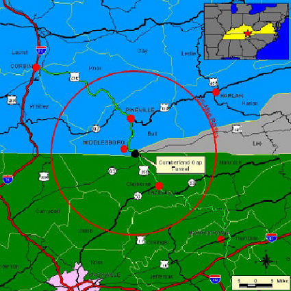 A map of the Deployment Plan Area for the Cumberland Gap Tunnel region