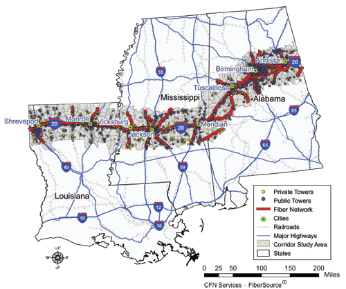figure 10 - illustration - the map in this figure shows existing private provider fiber networks, public and private tower locations along study area section of the I-20 corridor.