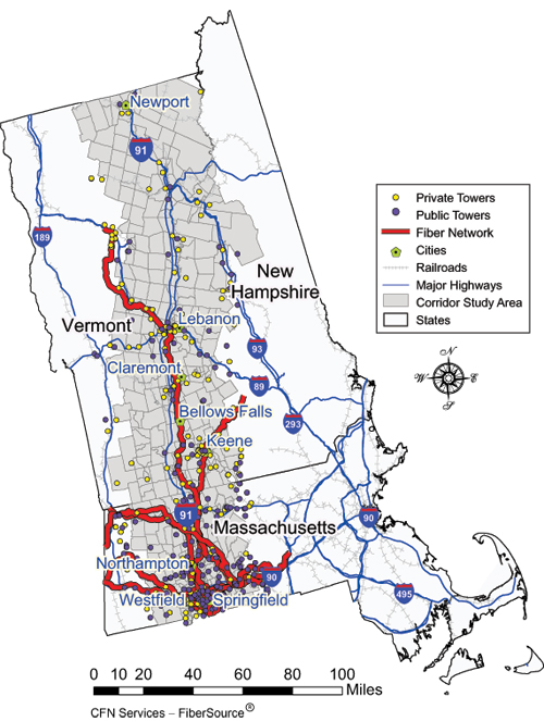 figure 12 - illustration - the map in this figure shows existing private provider fiber networks, public and private tower locations along study area section of the I-91 corridor.