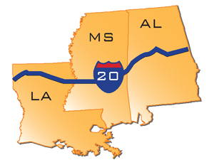illustration - the map in this figure shows the extent of I-20 corridor passing through Louisiana, Alabama, and Mississippi.