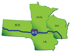 illustration - the map in this figure shows the extent of I-90 corridor passing through South Dakota, Minnesota, Wisconsin and adjacent to Iowa.