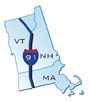 illustration - the map in this figure shows the extent of I-91 corridor passing through Vermont and Massachusetts and adjacent to New Hampshire.