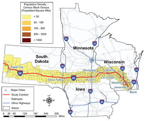figure 3 - illustration - the map in this figure shows population density profile along the section of the I-90 corridor. Population density is shown at the geographical level of census block groups classified by five density levels from less than 50 people per square mile to over 1000 people per square mile.