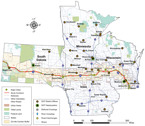 figure 8 - illustration - the map in this figure shows the I-90 corridor, showing locations of DOT Headquarters and district offices, railroad crossings, river crossings and road interchanges, with major cities and county boundaries.