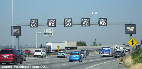 Dynamic speed limit signs over each lane on Washington highway. Photo source: Washington Sate DOT