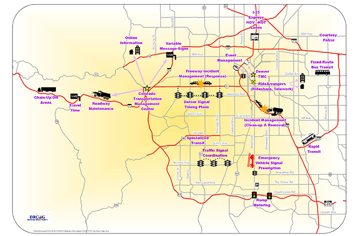 A road network map of a portion of the Denver Regional Council of Governments' region showing various operations activities across the region.