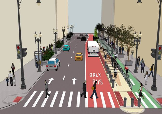 Rendering shows pedestrians and cars on a street.