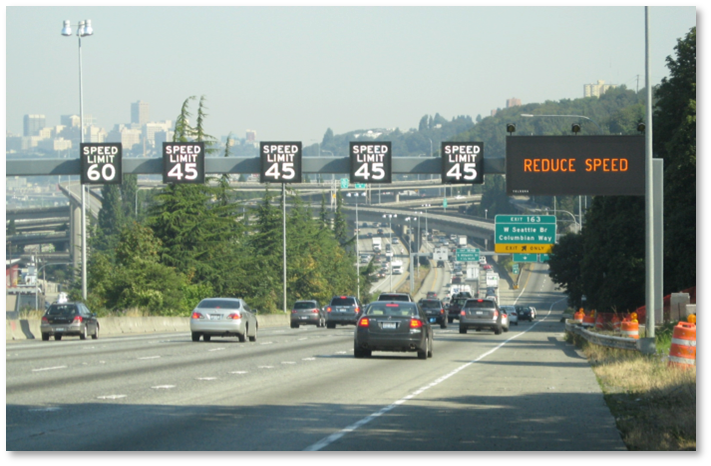 Reduced speed signs showing on freeway