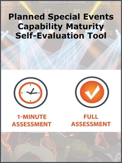 Graphic design that says, "Planned Special Events Capability Maturity Self-Evaluation Tool with two icons labeled as a 1-minute assessment and full assessment."