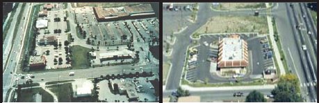Aerial photographs of two shopping centers with rear service road access.