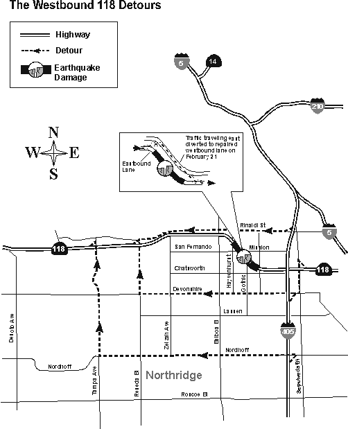 This is a black-and-white street map depicting alternate routes during the Northridge, California earthquake of January 1994. The map shows city routes and alternate routes in relation to the main highway arteries of interstates 5, 210, and 405. Highways and alternate routes are distinguished from each other by a broken line, and major areas of earthquake activity are noted on the map.