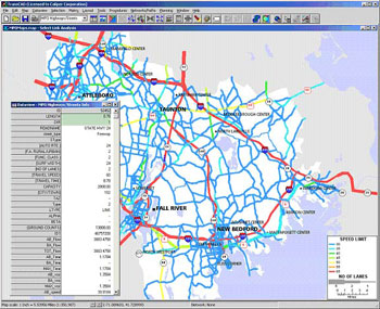 A color Web shot depicts a map used to select alternate routes. The map shows all major routes in the area, and denotes their importance by color-coding each route according to speed limits. A box in the lower left-hand side of the screen offers additional analytical information.
