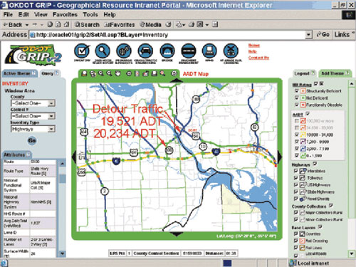 A color Web shot depicts a geographic information systems map used by the Oklahoma Department of Transportation for alternate route planning in Oklahoma.